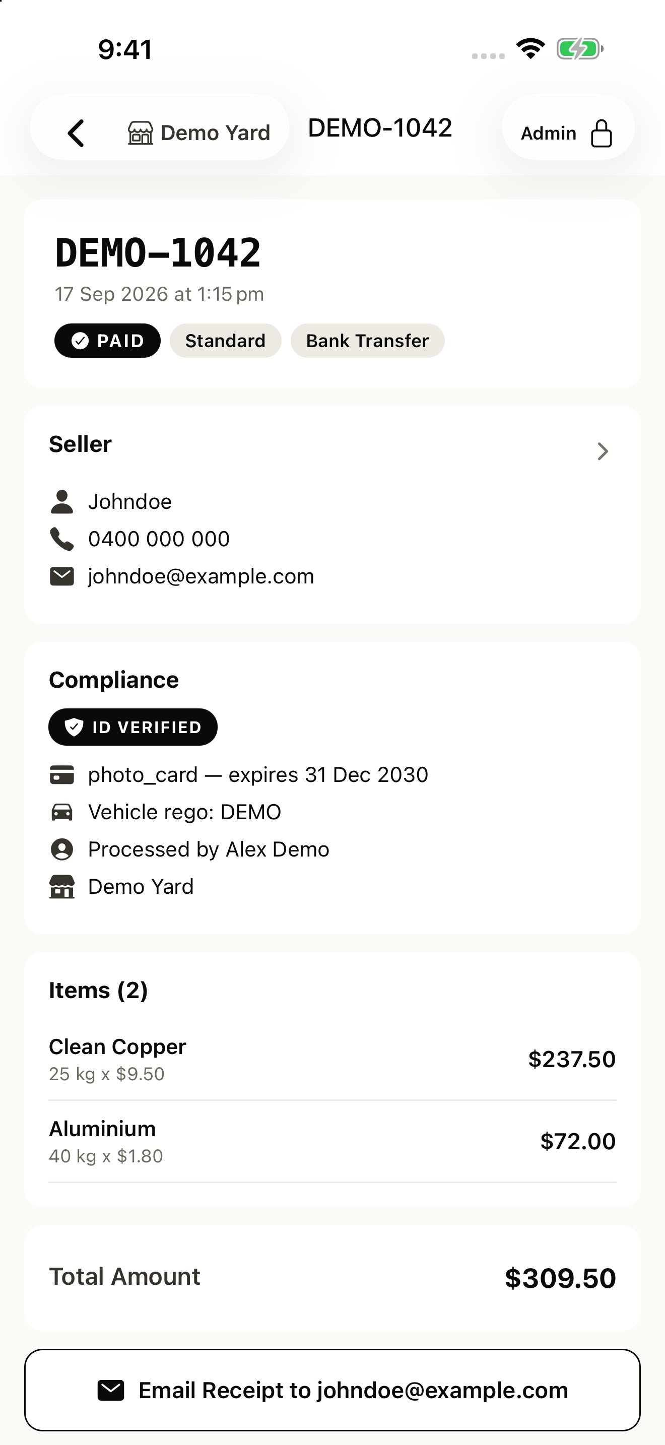 AltScrap purchase details showing a demo seller, scrap weights, prices, total and email receipt button